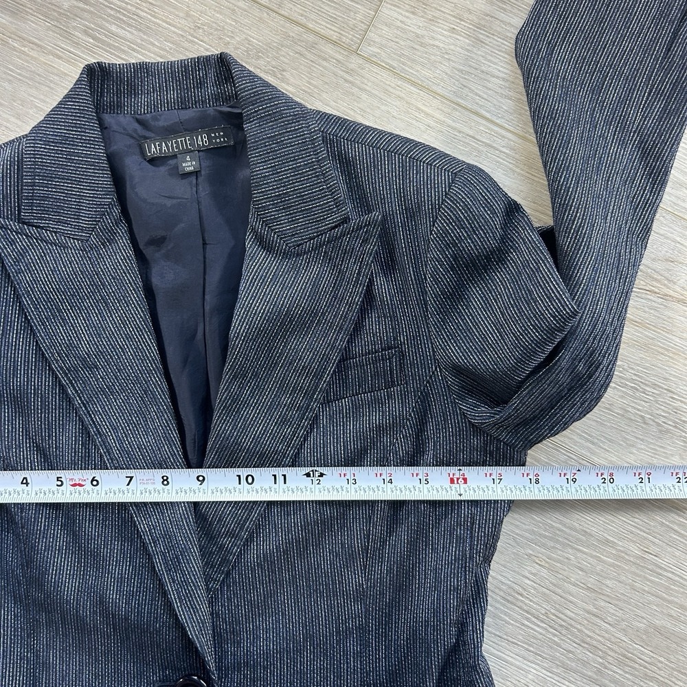 Lafayette 148 Women's Size 4 100% Virgin Wool Blazer Blue Silver Metallic Office - Picture 10 of 13